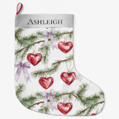 Silver Christmas Tree Branches Purple Bows Hearts ラージクリスマスストッキング (正面)