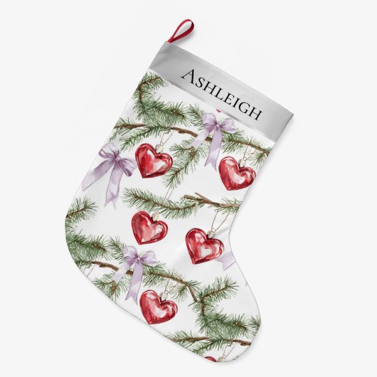 Silver Christmas Tree Branches Purple Bows Hearts ラージクリスマスストッキング (正面 (吊り時))