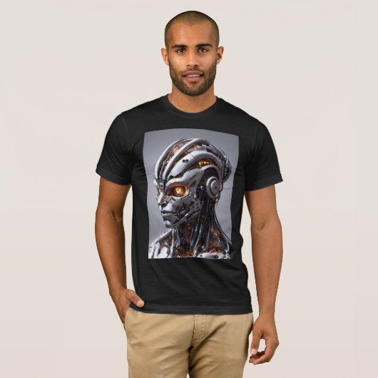 Silver Chrome Cyborg Glowing Orange Sci-Fi Tシャツ (正面フル)