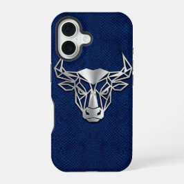 Silver Chrome Geometric Bull Blue Python iPhone 16ケース