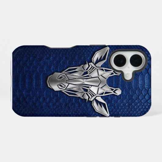 Silver Chrome Geometric Giraffe Blue Python iPhone 16ケース (裏面横)