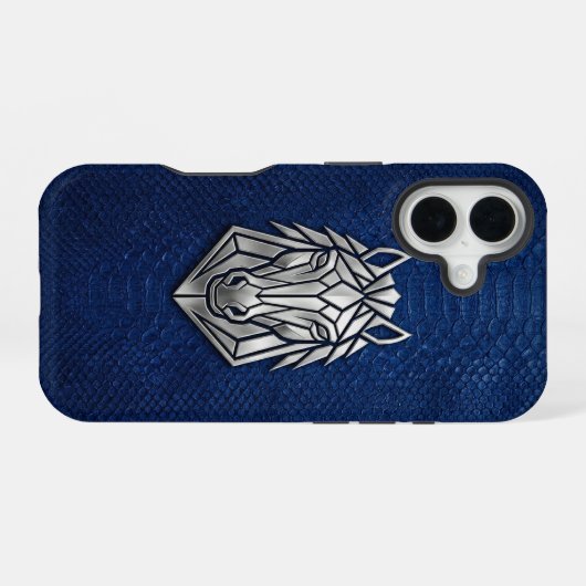 Silver Chrome Geometric Horse Blue Python iPhone 16ケース (裏面横)