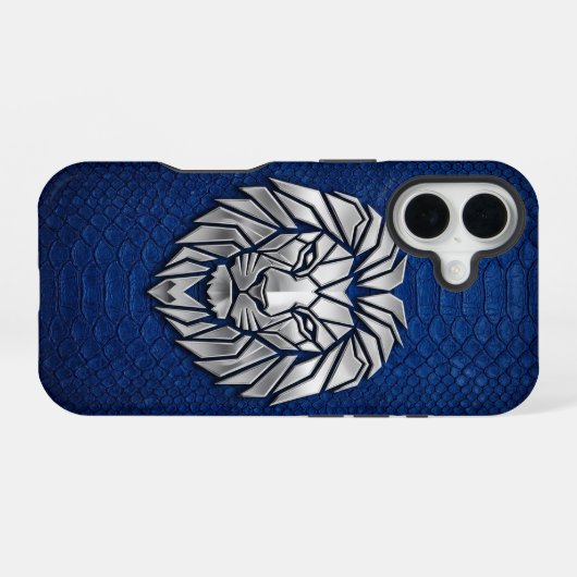 Silver Chrome Geometric Lion Blue Python iPhone 16ケース (裏面横)