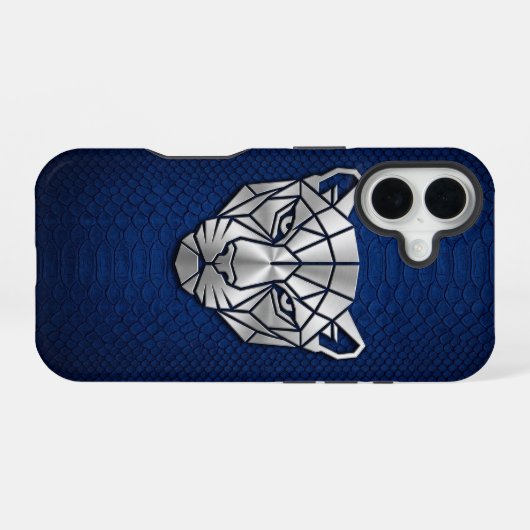 Silver Chrome Geometric Panther Blue Python iPhone 16ケース (裏面横)