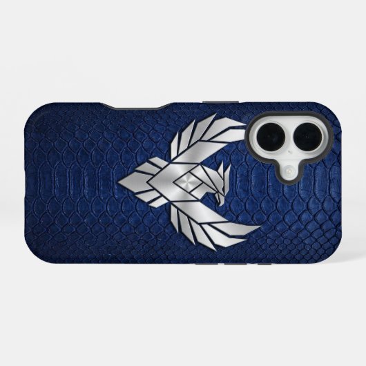 Silver Chrome Geometric Phoenix Blue Python iPhone 16ケース (裏面横)