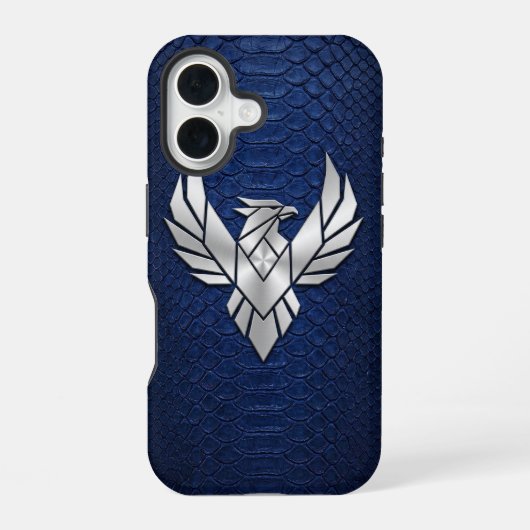 Silver Chrome Geometric Phoenix Blue Python iPhone 16ケース (裏面)