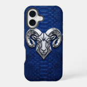 Silver Chrome Geometric Ram Blue Python iPhone 16ケース (裏面)