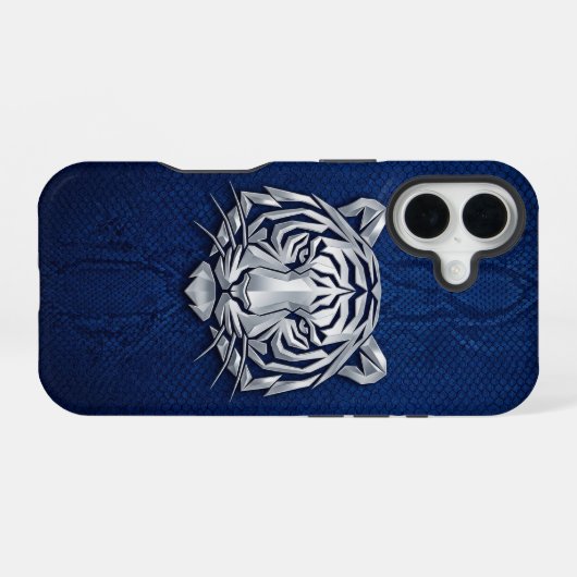Silver Chrome Geometric Tiger Blue Python iPhone  16ケース (裏面横)