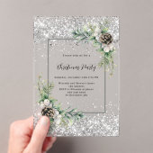Silver cones green leaves frosted Christmas Party アクリル招待状 (インサイチュ (ポータブル))