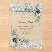 Silver cones green leaves frosted Christmas Party アクリル招待状 (正面)