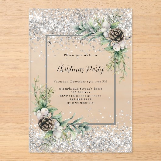 Silver cones green leaves frosted Christmas Party アクリル招待状 (正面)