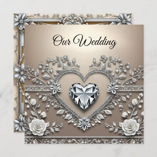 Silver & Cream Elegance: Diamond Heart Wedding Inv (正面/裏面)