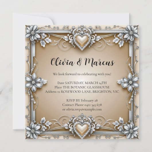 Silver & Cream Elegance: Diamond Heart Wedding Inv (裏面)