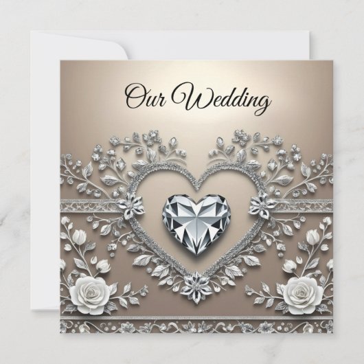 Silver & Cream Elegance: Diamond Heart Wedding Inv (正面)
