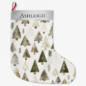 Silver Cream Green Christmas Trees ラージクリスマスストッキング (正面)