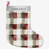 Silver Cream Green Red Plaid Stripes Christmas   ラージクリスマスストッキング (正面)