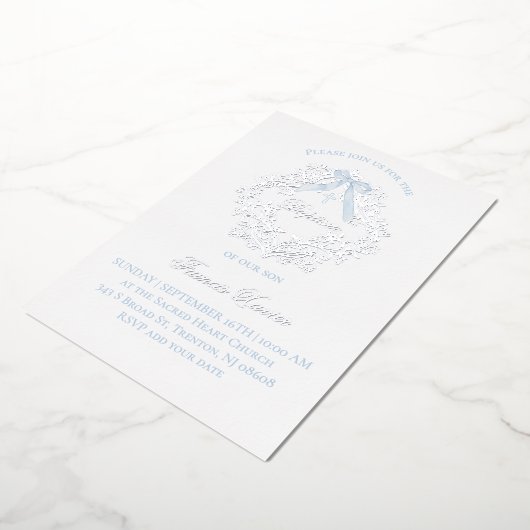 silver crest baby boy Baptism 箔招待状 (回転した状態)