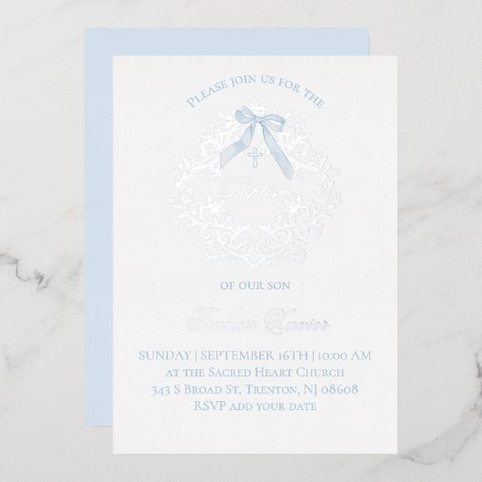 silver crest baby boy Baptism 箔招待状 (正面/裏面)