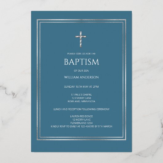 Silver Cross Boy dusty Blue foil Invitation 箔招待状 (正面)