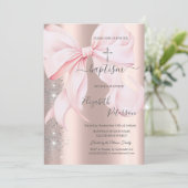 Silver Cross Pink Bow Rose Gold Glitter Dust  招待状 (スタンド正面)