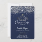 Silver Crown Glitter Confetti Blue Quinceañera 招待状 (正面)