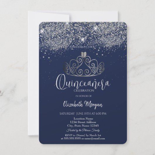 Silver Crown Glitter Confetti  Blue Quinceañera   招待状 (正面)