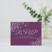 Silver Curls Elegant Plum Purple Wedding RSVP ポストカード (スタンド正面)
