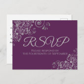 Silver Curls Elegant Plum Purple Wedding RSVP ポストカード (正面/裏面)
