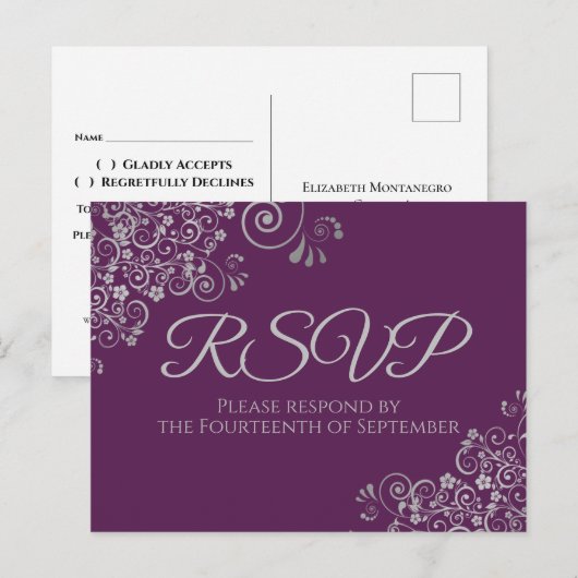 Silver Curls Elegant Plum Purple Wedding RSVP ポストカード (正面/裏面)