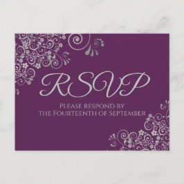 Silver Curls Elegant Plum Purple Wedding RSVP ポストカード