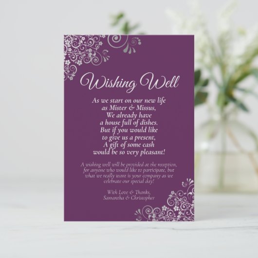 Silver Curls Plum Purple Wedding Wishing Well Poem エンクロージャーカード (スタンド正面)