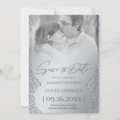 Silver Damask Save the Date Card with Photo サンキューカード (正面)