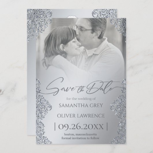 Silver Damask Save the Date Card with Photo サンキューカード (正面/裏面)
