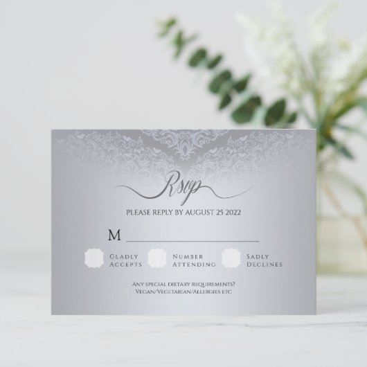 Silver Damask Wedding RSVP Response Card (スタンド正面)