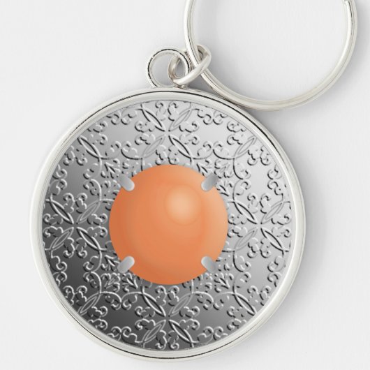 Silver Damask with a faux coral gemstone キーホルダー (正面)