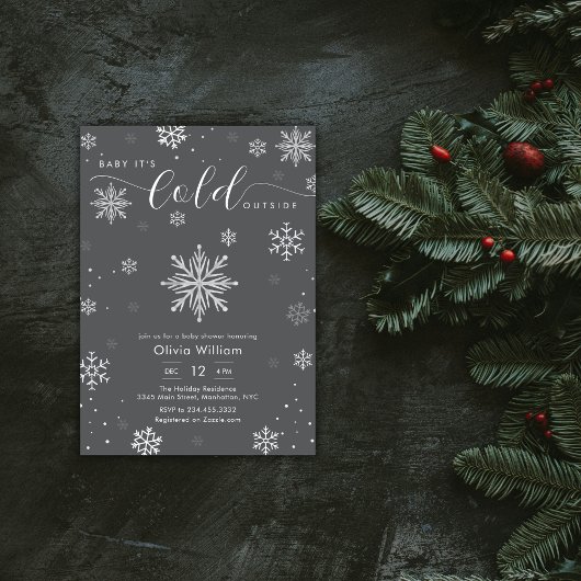 Silver Dark Grey Winter Snowflake Baby Shower  招待状