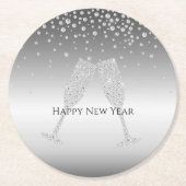 Silver Diamond Sparkle Champagne Glass New Year's ラウンドペーパーコースター (正面)