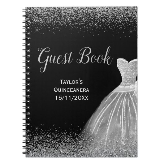 Silver Dress Faux Glitter Quinceanera  guest Book ノートブック (正面)