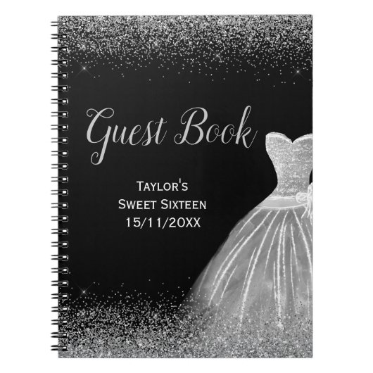 Silver Dress Faux Glitter Sweet 16 guest Book ノートブック (正面)