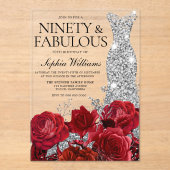 Silver Dress Gown Red Roses 90th Birthday Party アクリル招待状 (正面)