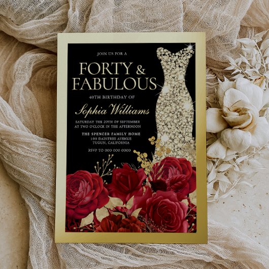 Silver Dress, Red Roses & Black 40th Birthday Gold 箔招待状