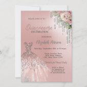 Silver Drips,Dress Flowers Pink Quinceanera  招待状 (正面)