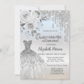 Silver Drips,Dress Roses Silver quinceañera 招待状 (正面)