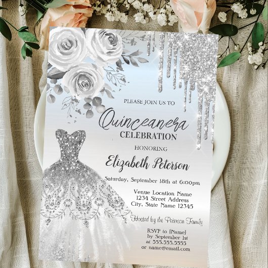 Silver Drips,Dress Roses Silver quinceañera 招待状