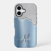 Silver Drips Monogram Blue Metallic iPhone 16ケース (裏面)