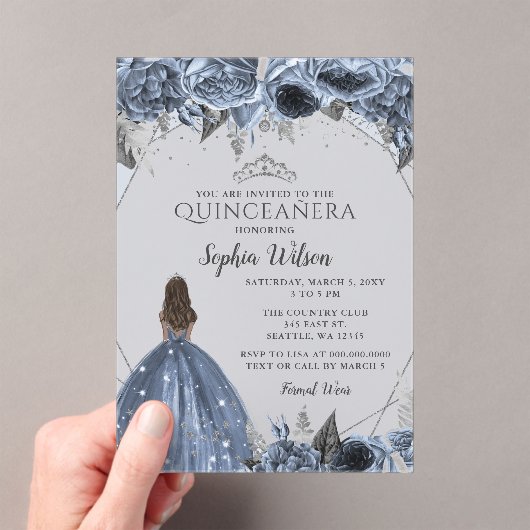Silver Dusty Blue Floral Princess Quinceañera  アクリル招待状 (インサイチュ (ポータブル))