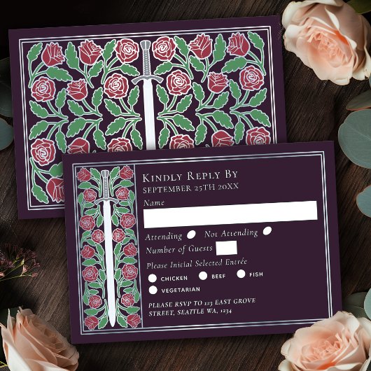 Silver Eggplant Medieval Floral Sword Wedding RSVP
