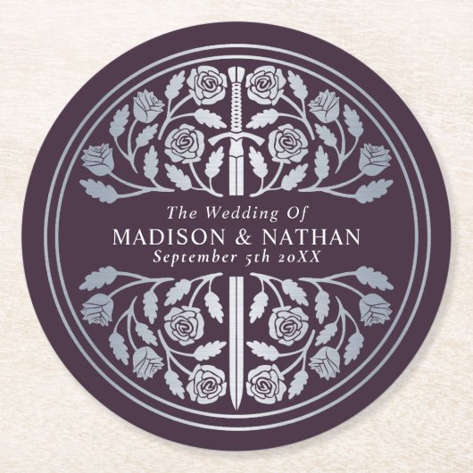 Silver Eggplant Royal Medieval Sword Wedding ラウンドペーパーコースター (正面)