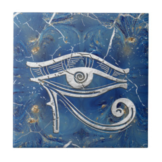 Silver Egyptian Eye of Horus  on blue marble タイル