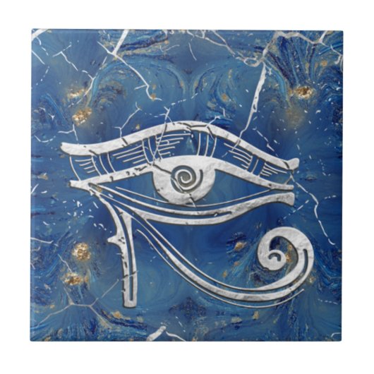 Silver Egyptian Eye of Horus  on blue marble タイル (正面)